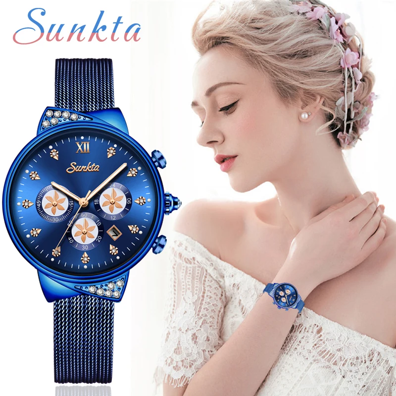 Часы наручные SUNKTA женские кварцевые брендовые Роскошные синие с автокалендарем