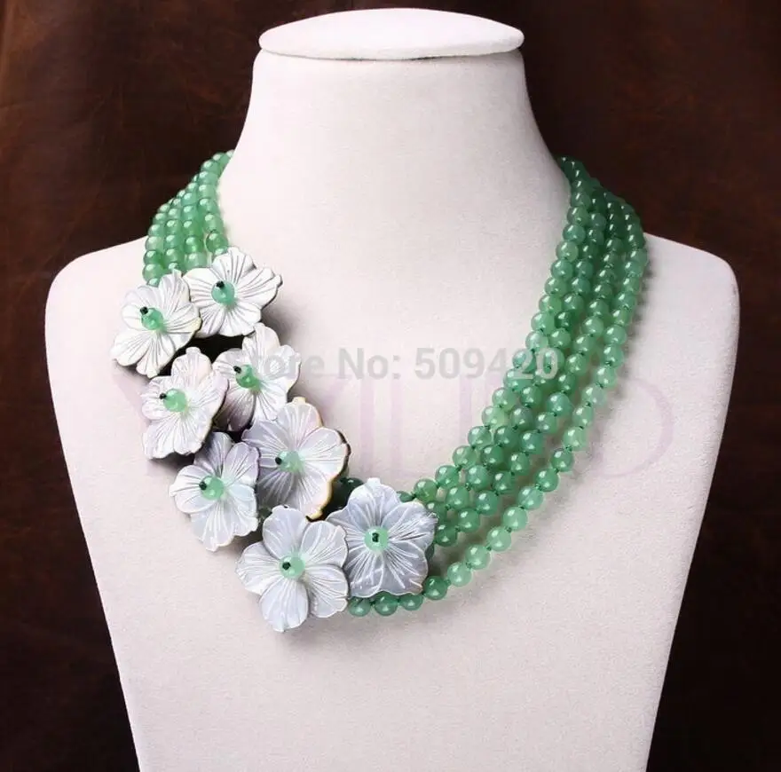 carved flower green stone multi-layer abalone pendant elegant strand necklace