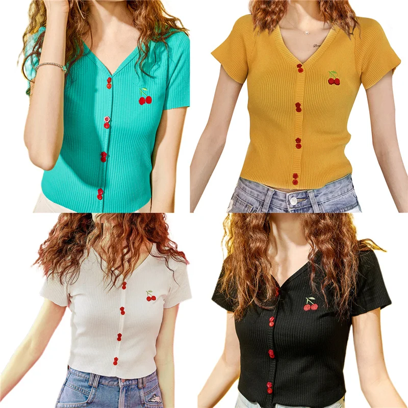 Girls Temperament Cherry Embroidery Knitwear, Summer Ladies Sweet Style Short Sleeve V-neck Base Shirt Slim Crop Top 
Girls Temperament Cherry Embroidery Knitwear, Summer Ladies Sweet Style Short Sleeve V-neck Base Shirt Slim Crop Top