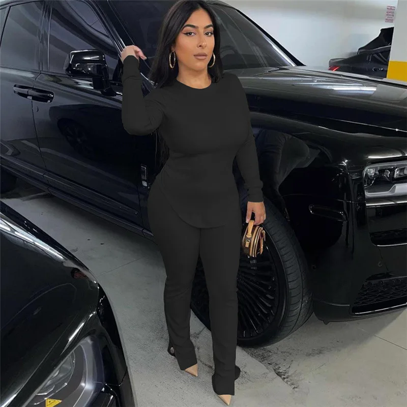 Однотонный Лаконичный комплект из двух предметов, Женская Осенняя футболка с длинным рукавом и брюки с разрезом по бокам, подходящий наряд, ... 
Однотонный Лаконичный комплект из двух предметов, Женская Осенняя футболка с длинным рукавом и брюки с разрезом по бокам, подходящий наряд, ...