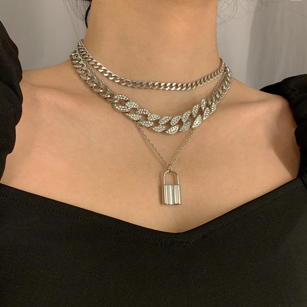 European and American Hip Hop Layered Crystal Lock Chain Pendant Necklaces Bracelet Boho New Fashion Choker Women Jewelry Set
European and American Hip Hop Layered Crystal Lock Chain Pendant Necklaces Bracelet Boho New Fashion Choker Women Jewelry Set