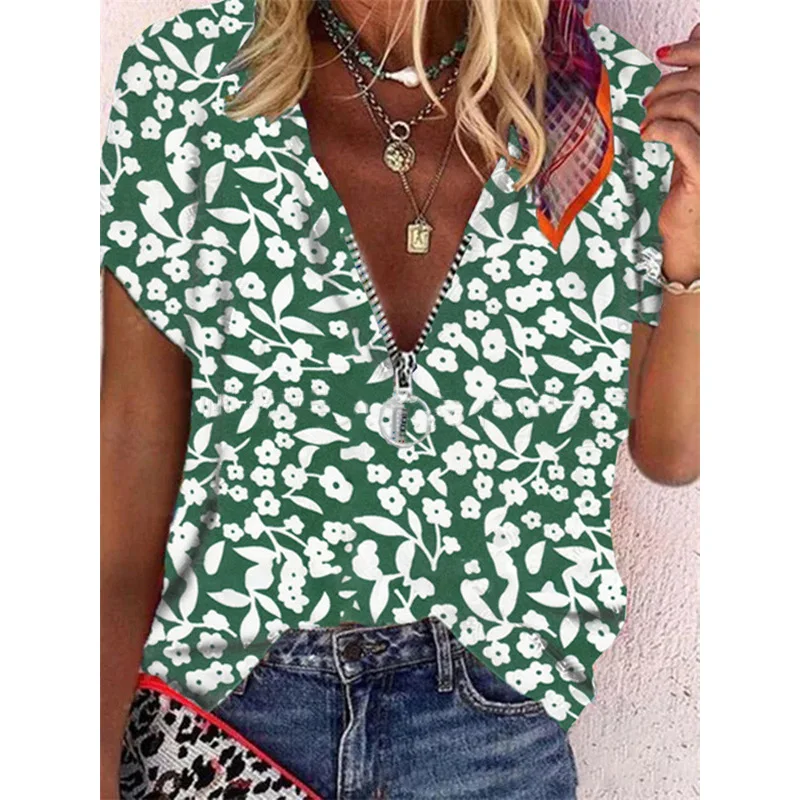 V Neck Floral Print Tshirt Casual Ladies Tops New Fashion Women Short Sleeve Zipper Shirts Summer Loose
V Neck Floral Print Tshirt Casual Ladies Tops New Fashion Women Short Sleeve Zipper Shirts Summer Loose