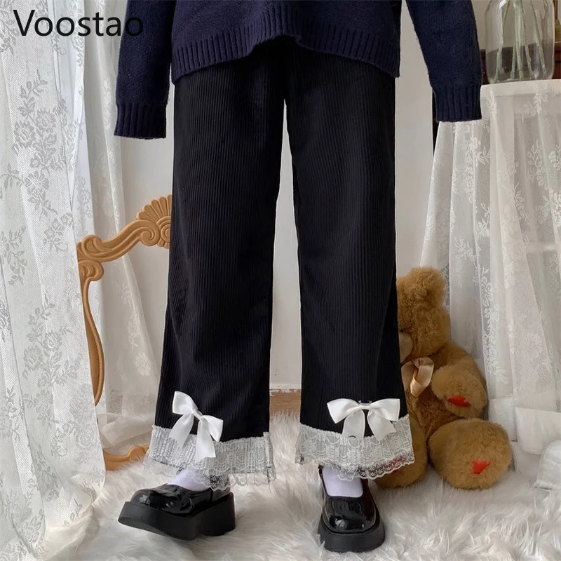 Осенние Японские Женские кружевные вельветовые широкие брюки в стиле