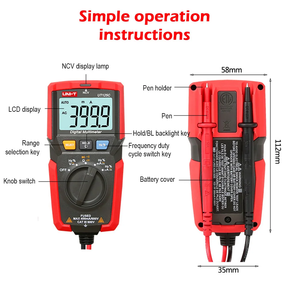 UNI-T UT125C Mini Pocket Digital Multimeter AC/DC Ammeter Volt Tester Resistor Capacitor Frequency Diode NCV Test LED Display
UNI-T UT125C Mini Pocket Digital Multimeter AC/DC Ammeter Volt Tester Resistor Capacitor Frequency Diode NCV Test LED Display