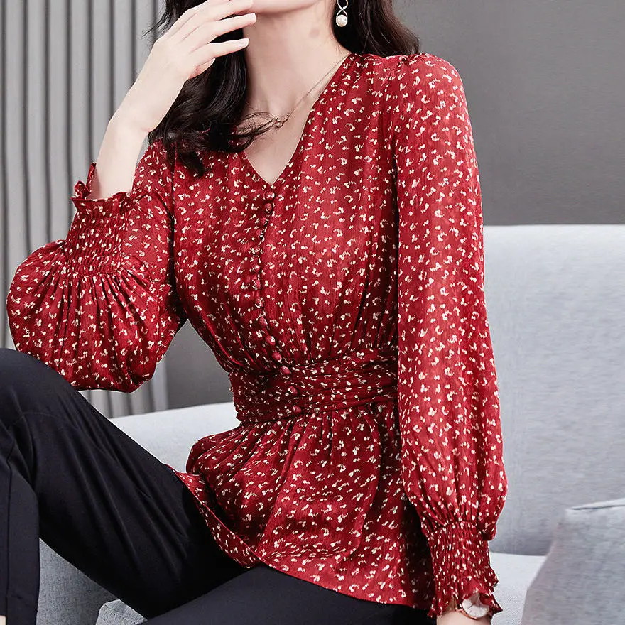 2021 Spring New Floral Lantern Sleeve Waist Waist Slim Top V-neck Wild Long Sleeve Ladies Chiffon Shirt
2021 Spring New Floral Lantern Sleeve Waist Waist Slim Top V-neck Wild Long Sleeve Ladies Chiffon Shirt