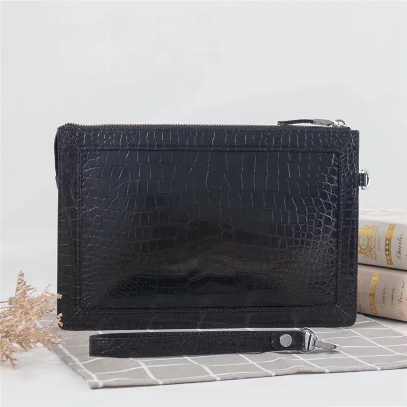 

Exotic Real True Alligator Skin Zipper Closure Men Black Clutch Purse Authentic Crocodile Leather Male Large Wristlets Card Bag