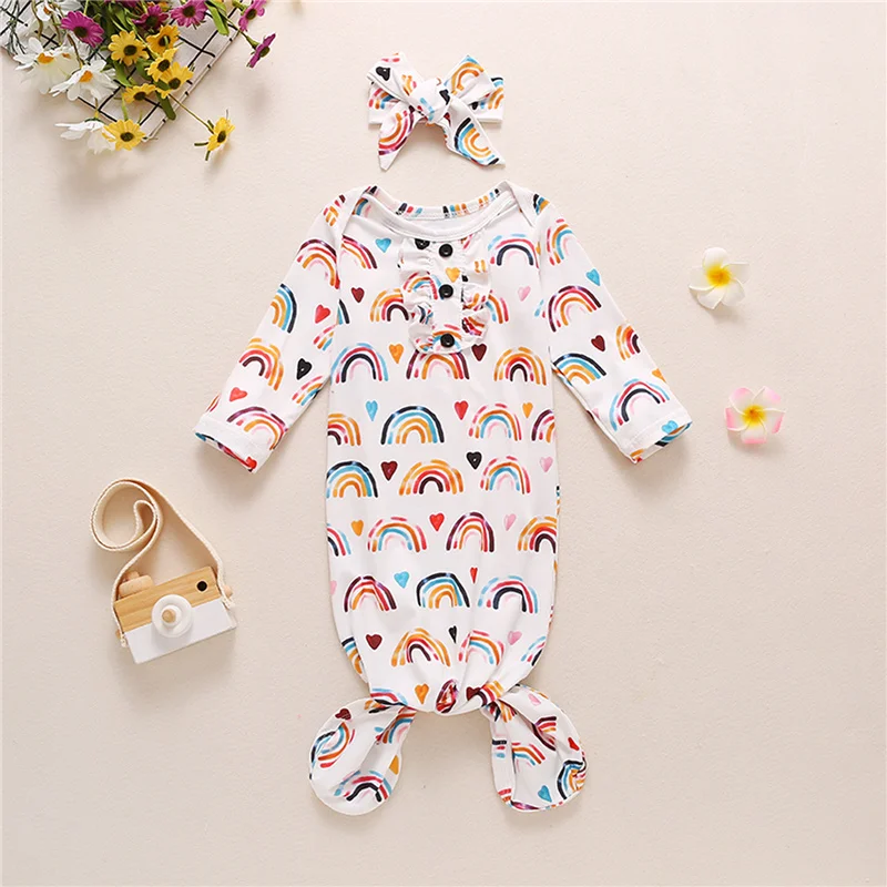 Baby Nightwear with Headband, Rainbow Print Round Neck Long Sleeve Sleepwear+ Headdress, White
Baby Nightwear with Headband, Rainbow Print Round Neck Long Sleeve Sleepwear+ Headdress, White