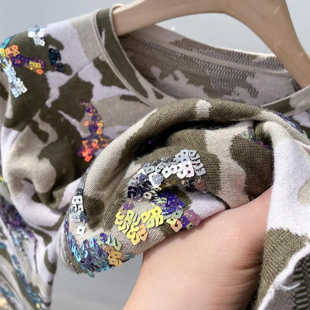 Sequin Camouflage women knit sweater long sleeve o-neck casual loose lady sweater pullover tops
Sequin Camouflage women knit sweater long sleeve o-neck casual loose lady sweater pullover tops