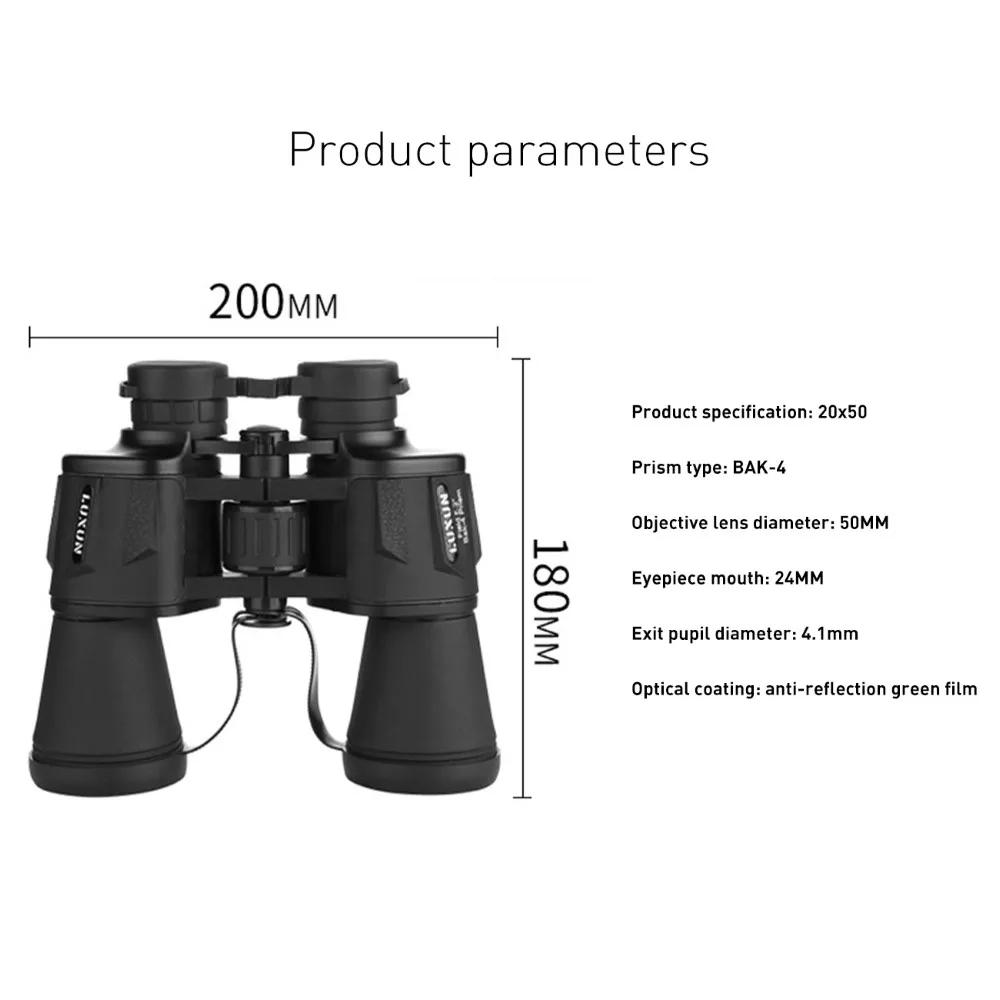 Luxun 20x50 High Maginification Zoom Porro Binocular HD Powerful Optical Telescope Wide Angle for Outdoor Hunting
Luxun 20x50 High Maginification Zoom Porro Binocular HD Powerful Optical Telescope Wide Angle for Outdoor Hunting