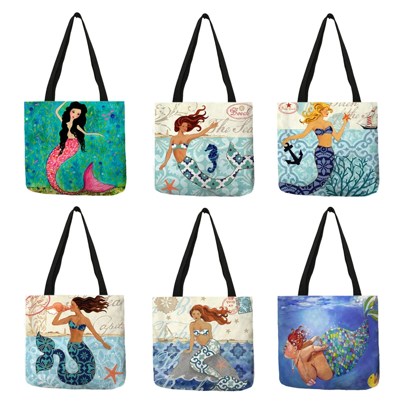 Повседневная Льняная сумка-тоут для женщин морские пляжные тоуты с принтом