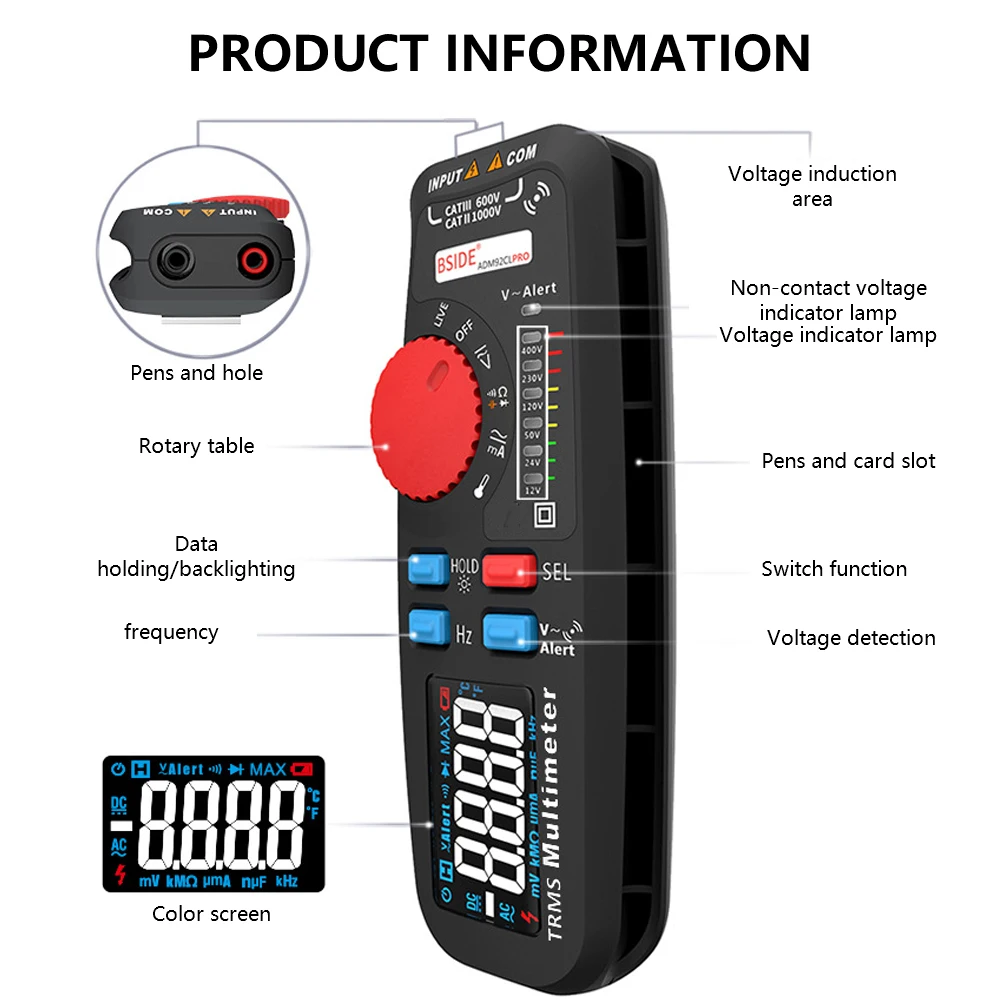 BSIDE ADM92CL PRO Mini TRMS Digital Multimeter AC/DC Voltage Current Resistance Diode Capacitance Frequency Meter 6000 Counts
BSIDE ADM92CL PRO Mini TRMS Digital Multimeter AC/DC Voltage Current Resistance Diode Capacitance Frequency Meter 6000 Counts