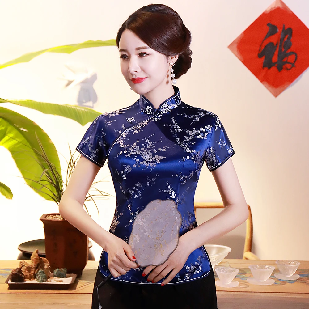 Retro Navy Blue Chinese Lady Satin Blouse Flower Elegant Summer Shirt Mandarin Collar Plus Size Tops Traditional Clothes S-4XL
Retro Navy Blue Chinese Lady Satin Blouse Flower Elegant Summer Shirt Mandarin Collar Plus Size Tops Traditional Clothes S-4XL