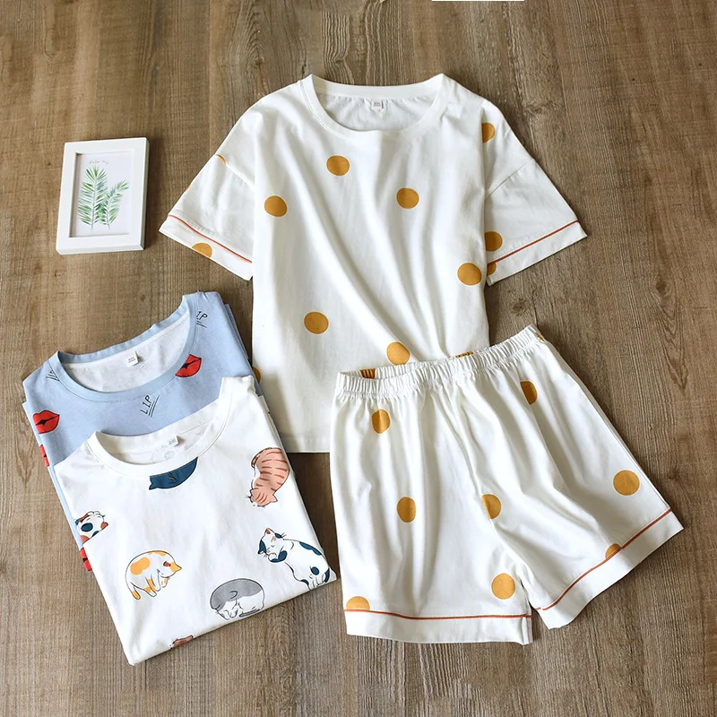 Женская летняя Хлопковая пижама шорты с коротким рукавом милая домашняя одежда