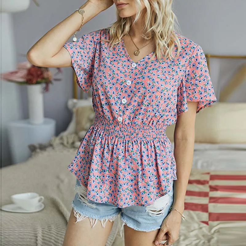 Summer Office Lady Sweet Casual Streetwear Small Fresh Women Blouse Floral Printed V Neck Single Breasted Ruffled Folds Tops
Summer Office Lady Sweet Casual Streetwear Small Fresh Women Blouse Floral Printed V Neck Single Breasted Ruffled Folds Tops