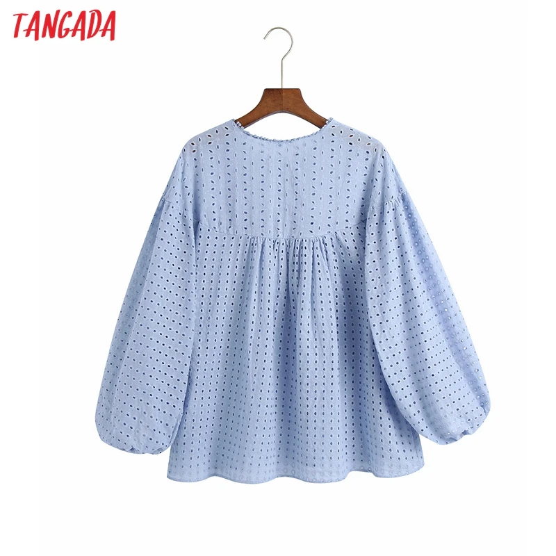 Tangada Women Retro Blue Hollow Embroidery Romantic Blouse Shirt Long Sleeve 2021 Chic Female Oversized Shirt Tops 6Z112 
Tangada Women Retro Blue Hollow Embroidery Romantic Blouse Shirt Long Sleeve 2021 Chic Female Oversized Shirt Tops 6Z112