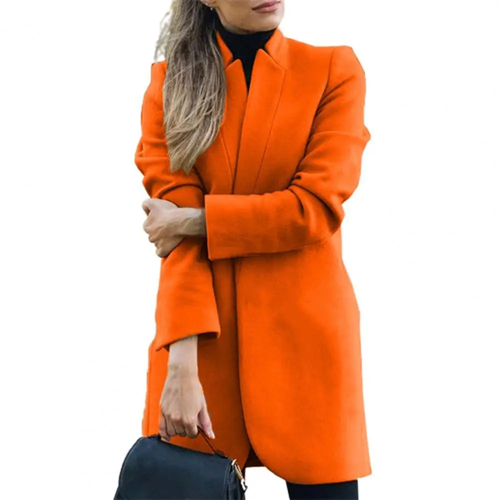 

Однотонное женское пальто с воротником-стойкой, повседневное модное осенне-зимнее длинное шерстяное пальто с открытым стежком, куртки, жен...