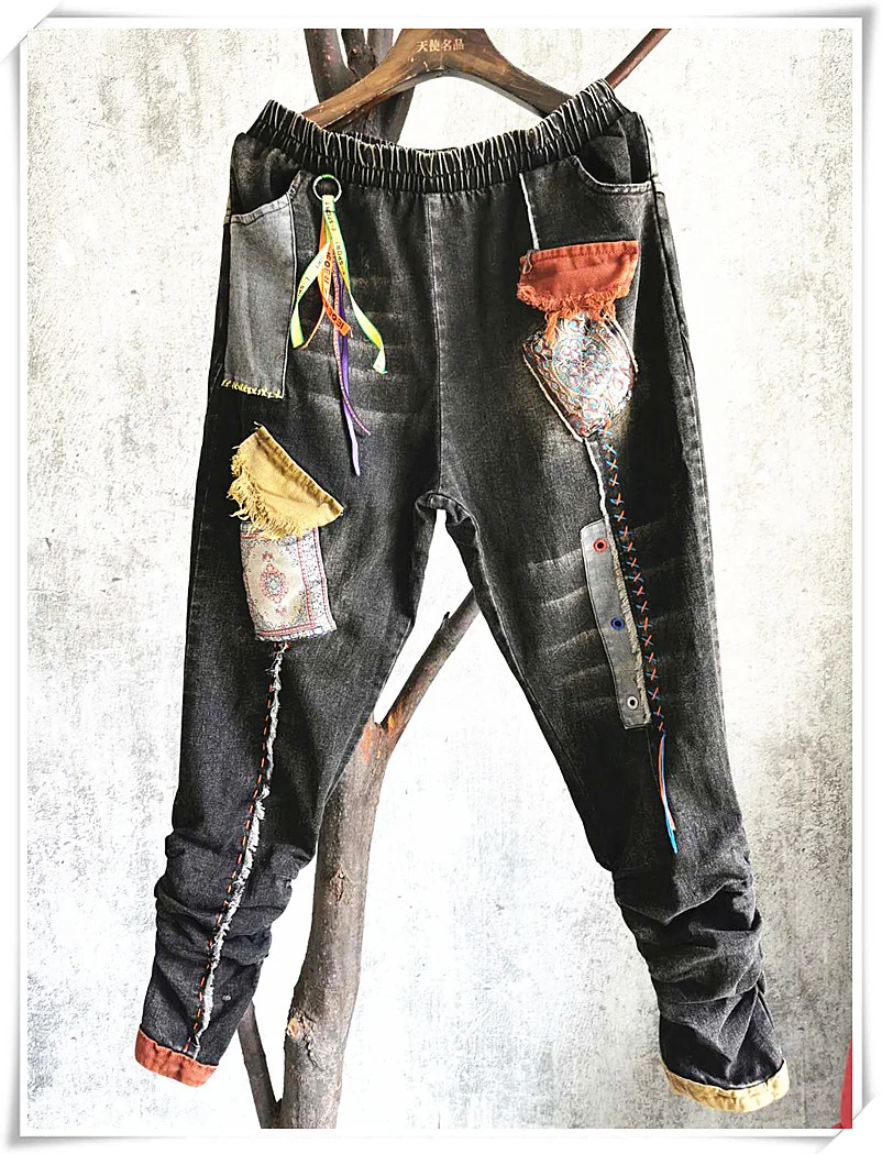 Женские джинсы с вышивкой QING MO винтажные брюки контрастных цветов
