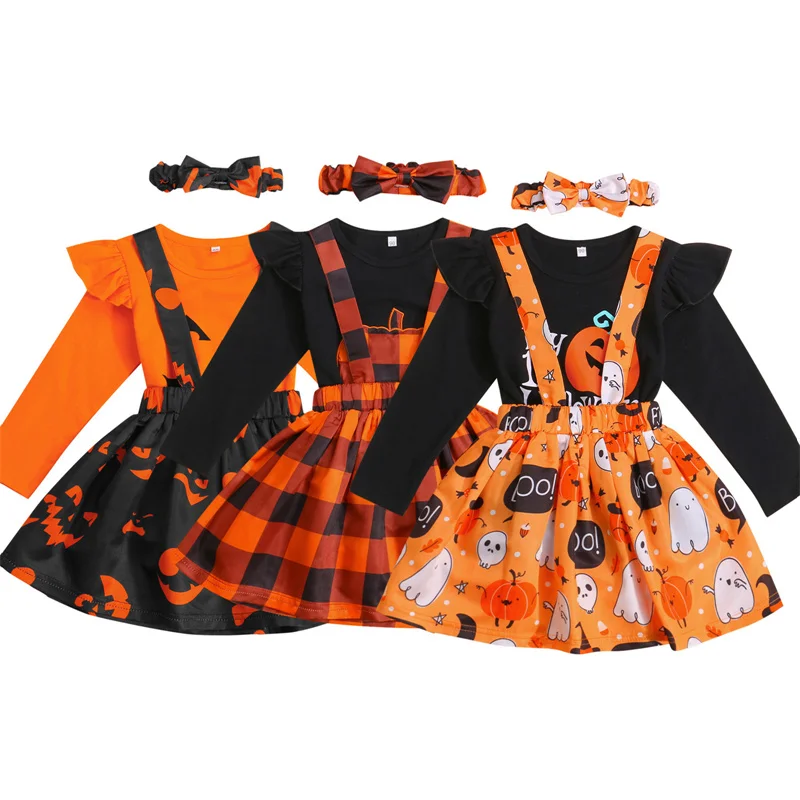 

Комплект детской одежды на Хэллоуин для девочек, футболка с длинным рукавом и круглым вырезом, топы, Короткие подтяжки, юбка на бретелях, пов...