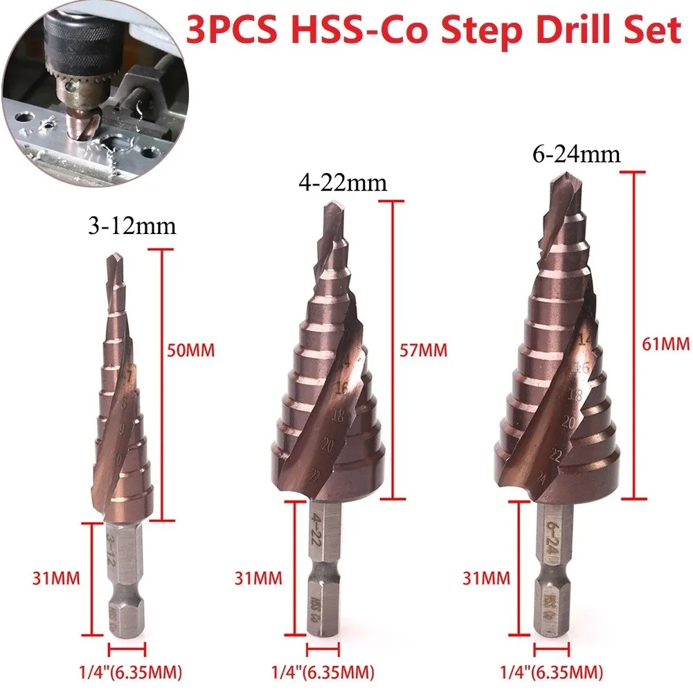 3Pcs Set HSS CO M35 Stainless Steel Metal Step Drill Bit Spiral Groove Cutter Drilling Hole Saw Tool Broca Metal And Blue Bag
3Pcs Set HSS CO M35 Stainless Steel Metal Step Drill Bit Spiral Groove Cutter Drilling Hole Saw Tool Broca Metal And Blue Bag