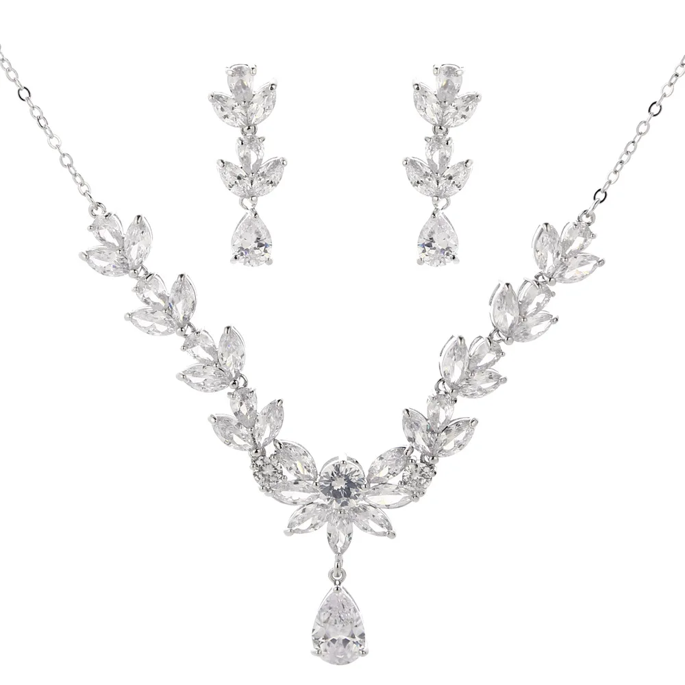 GU193 Luxury bridal zircon water drop copper plating wedding set chain leaf necklace earrings 2-piece set 
GU193 Luxury bridal zircon water drop copper plating wedding set chain leaf necklace earrings 2-piece set