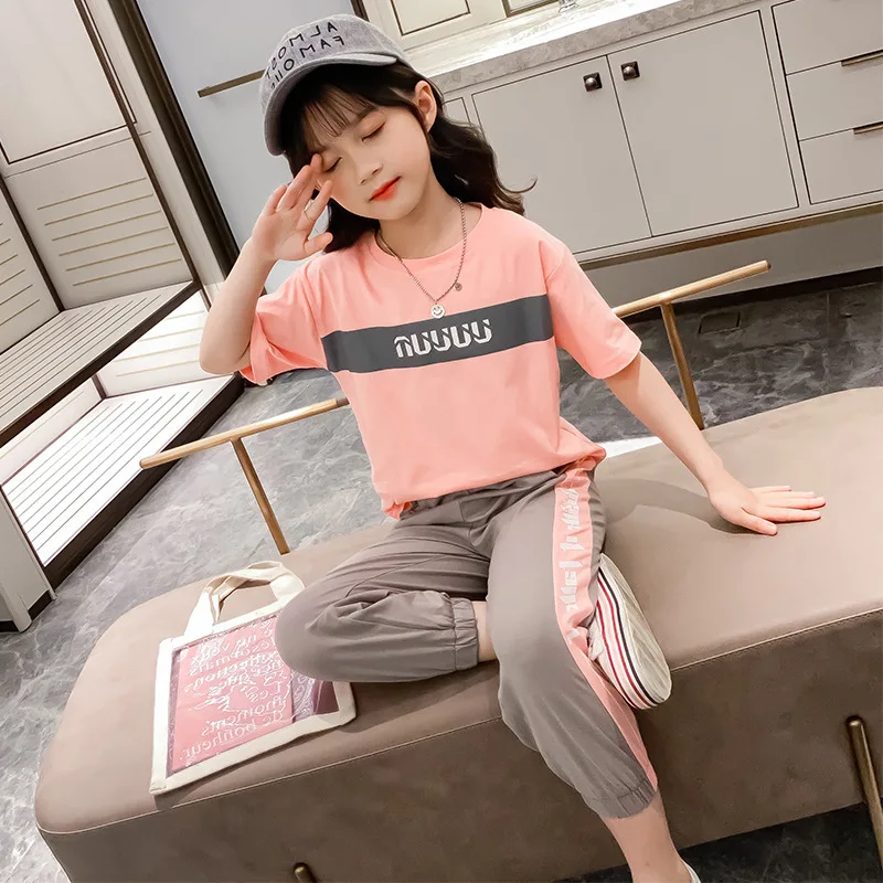 Summer Girls Clothes Set Teen Kids Clothing Sports Suit Child Letter T-shirt+Casual Pants 2pcs Tracksuit for Baby Girl 8 10 Year | Детская