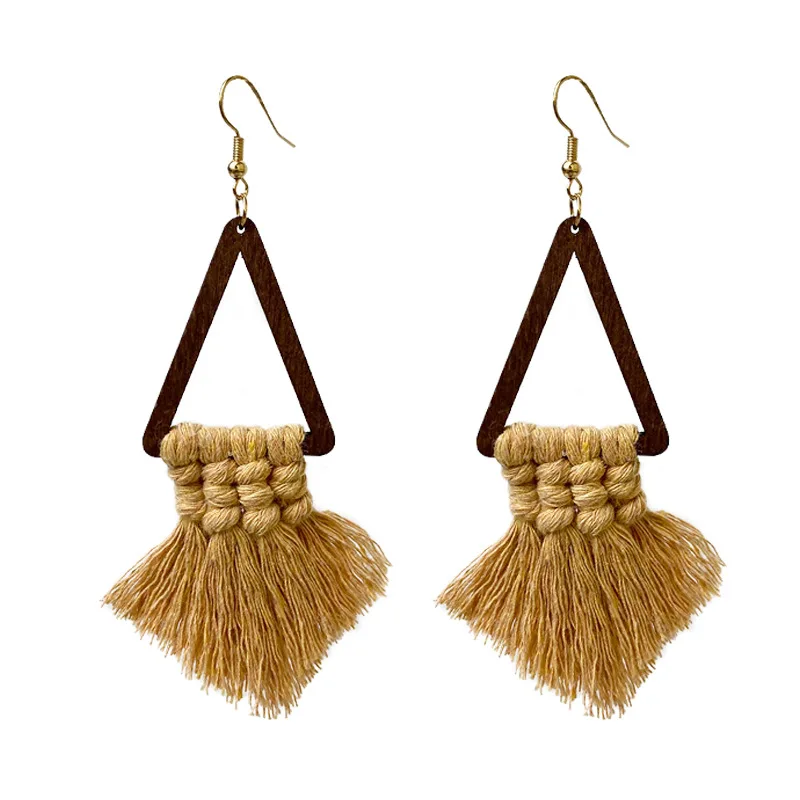 BOHO Handmade Macrame Arrowhead Tassel Triangular Wood Dangle Drop Earrings for Women Original Custom Fashion Jewelry
BOHO Handmade Macrame Arrowhead Tassel Triangular Wood Dangle Drop Earrings for Women Original Custom Fashion Jewelry