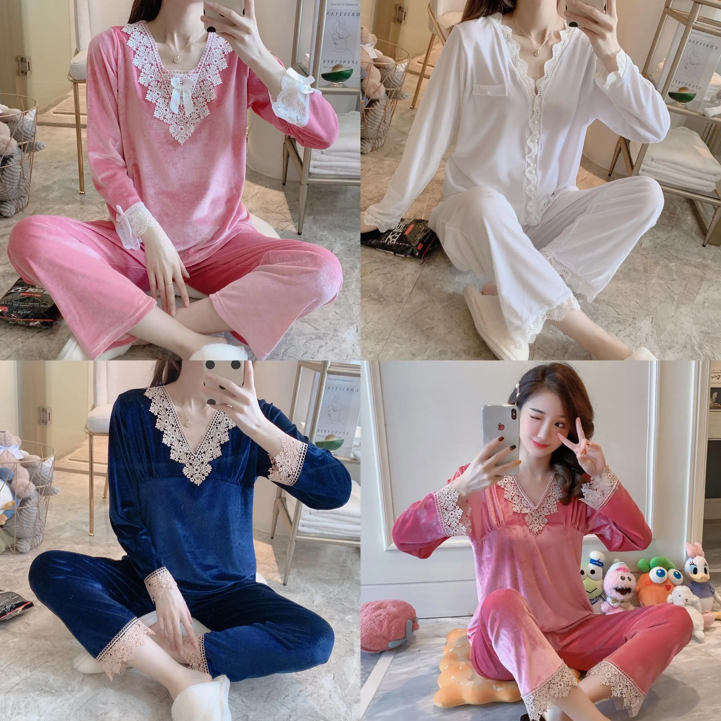 V-neck ruffled pajamas long-sleeved trousers fashion casual women's gold velvet suit home service autumn and winter new style
V-neck ruffled pajamas long-sleeved trousers fashion casual women's gold velvet suit home service autumn and winter new style