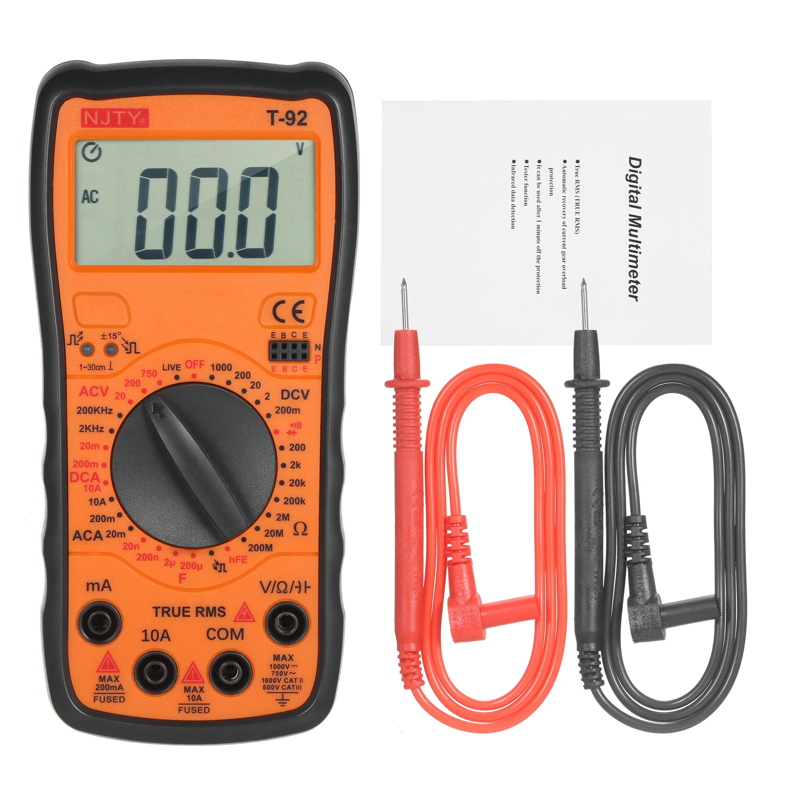 NJTY True RMS Multimeter Universa Meter AC/DC Current AC/DC Voltage Resistance Capacitance Frequency hFE Diodes Buzzer Live Wire
NJTY True RMS Multimeter Universa Meter AC/DC Current AC/DC Voltage Resistance Capacitance Frequency hFE Diodes Buzzer Live Wire