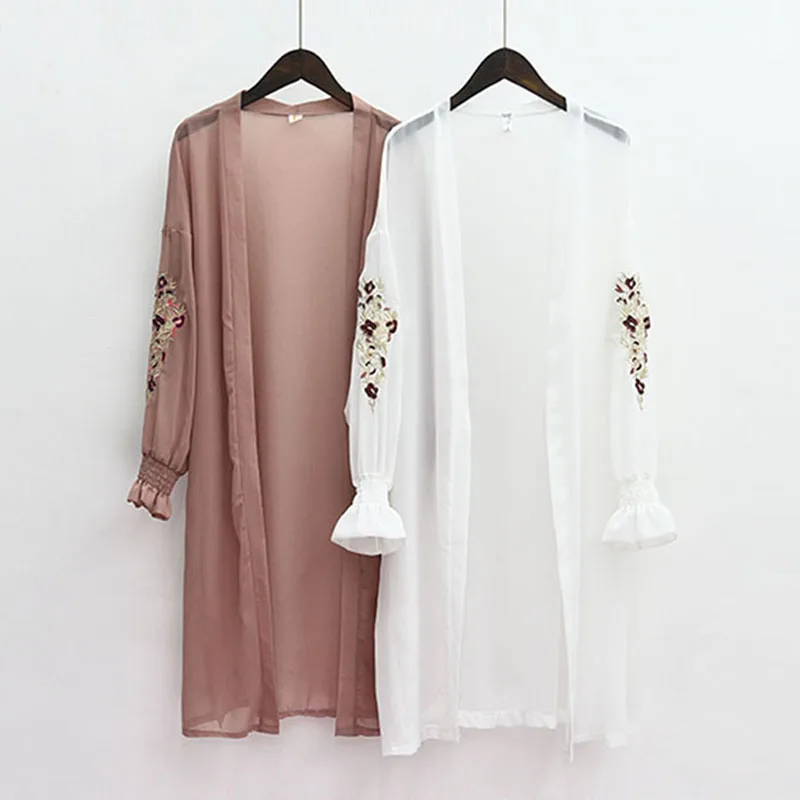 Летнее Кимоно Кардиган Женская Цветочная шифоновая блуза с вышивкой Корейская