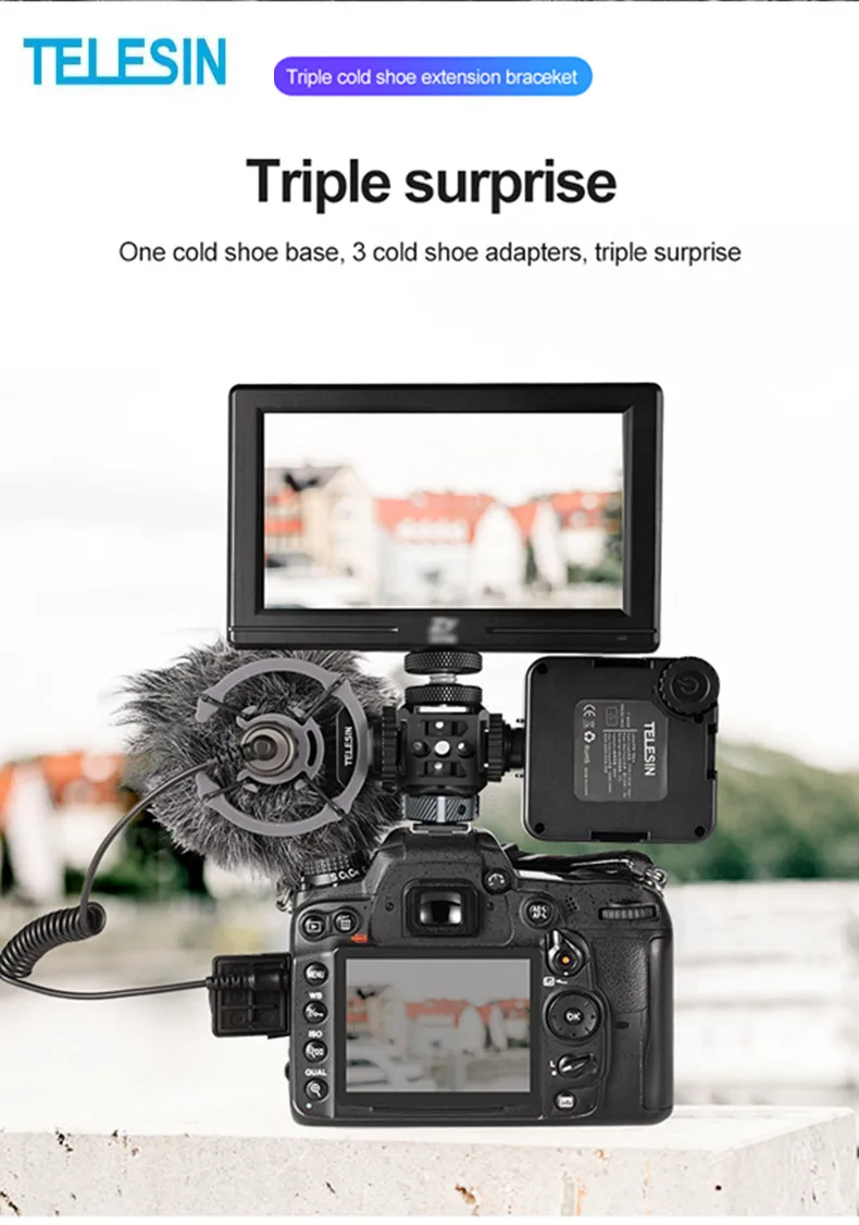 TELESIN Three Heads Cold Shoe Mount Adapter SLR Mirrorless Camera LED Light Monitor Expansion Bracket
TELESIN Three Heads Cold Shoe Mount Adapter SLR Mirrorless Camera LED Light Monitor Expansion Bracket