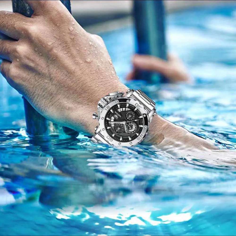 Часы наручные мужские с хронографом водонепроницаемые из нержавеющей