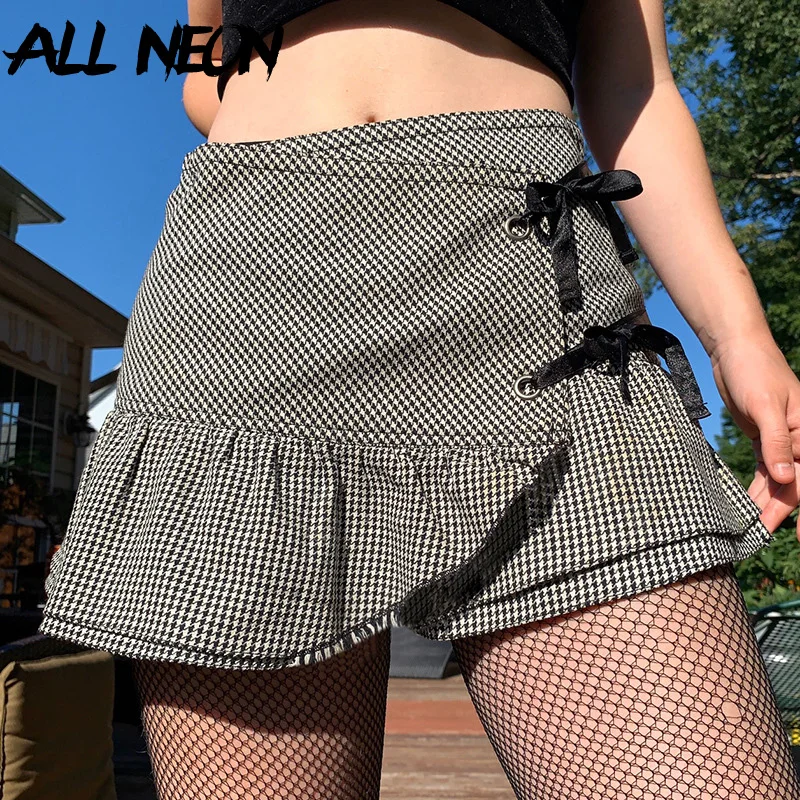 

ALLNeon E-girl Vintage Houndstooth Ruffles Wrap Skirts Y2K Aesthetics Low Waist Bandage Mini Skirt Pastel Goth A-line Bottoms