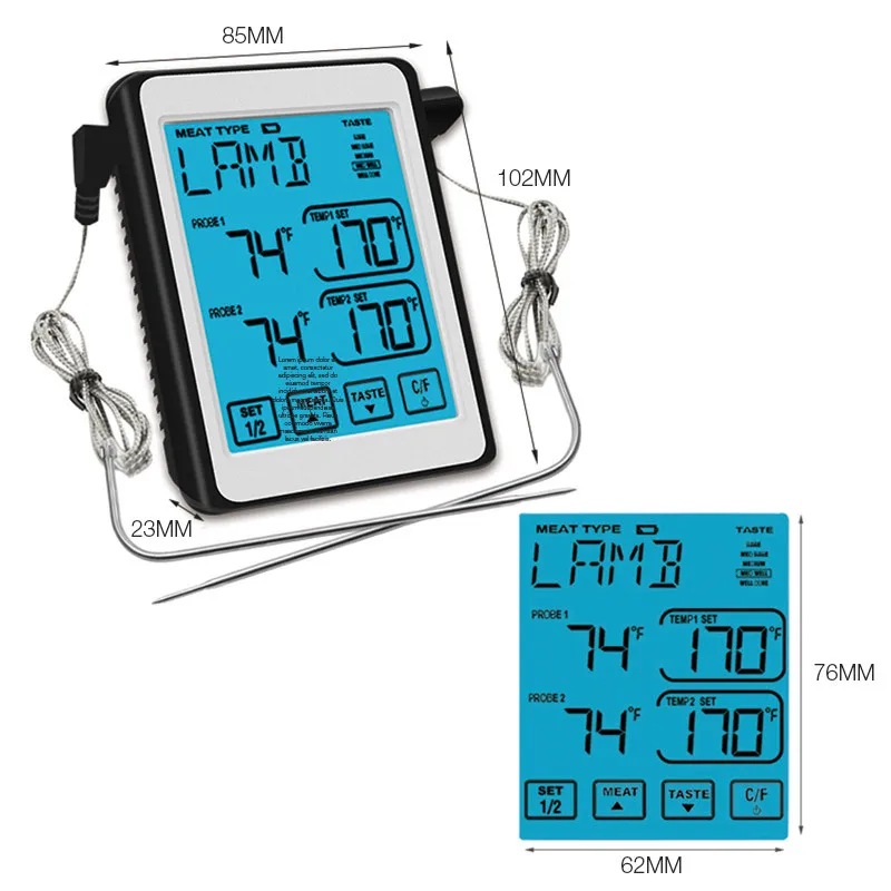CH-212 Double Probe Smart Touch Screen Control Food Thermometer BBQ Thermometer That Can Set Alarm Thermometer
CH-212 Double Probe Smart Touch Screen Control Food Thermometer BBQ Thermometer That Can Set Alarm Thermometer