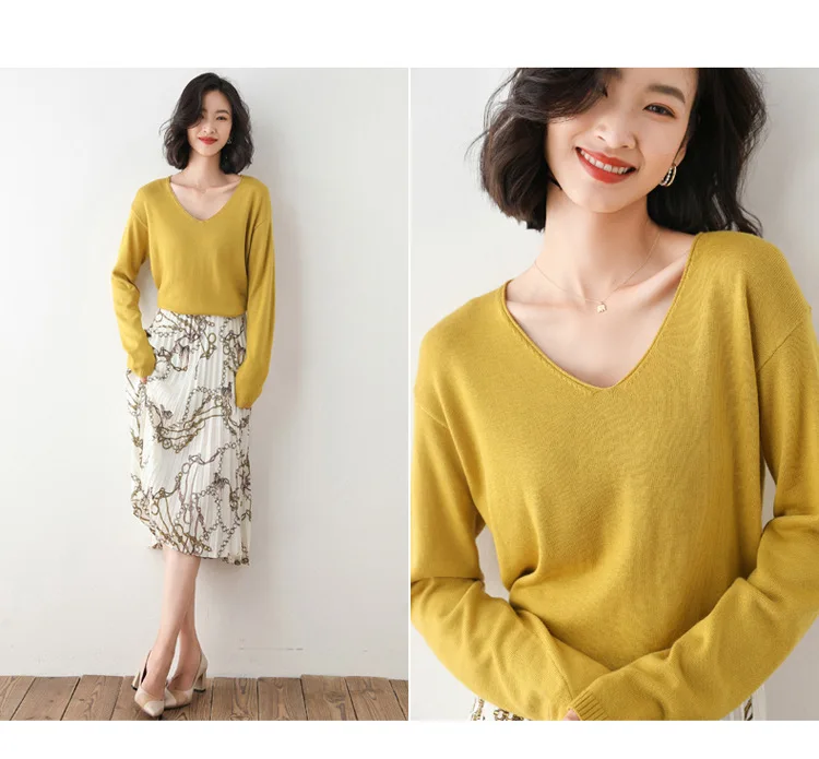 

Worsted Woolen Pullover Sweater 2021 V-neck Female Long Sleeve Sweaters Bottoming Shirt Top Autumn Winter Slim Tops Warm Jumper