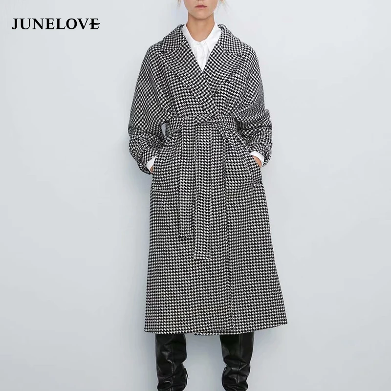 Женское длинное шерстяное пальто JuneLove винтажное Свободное в клетку с длинным