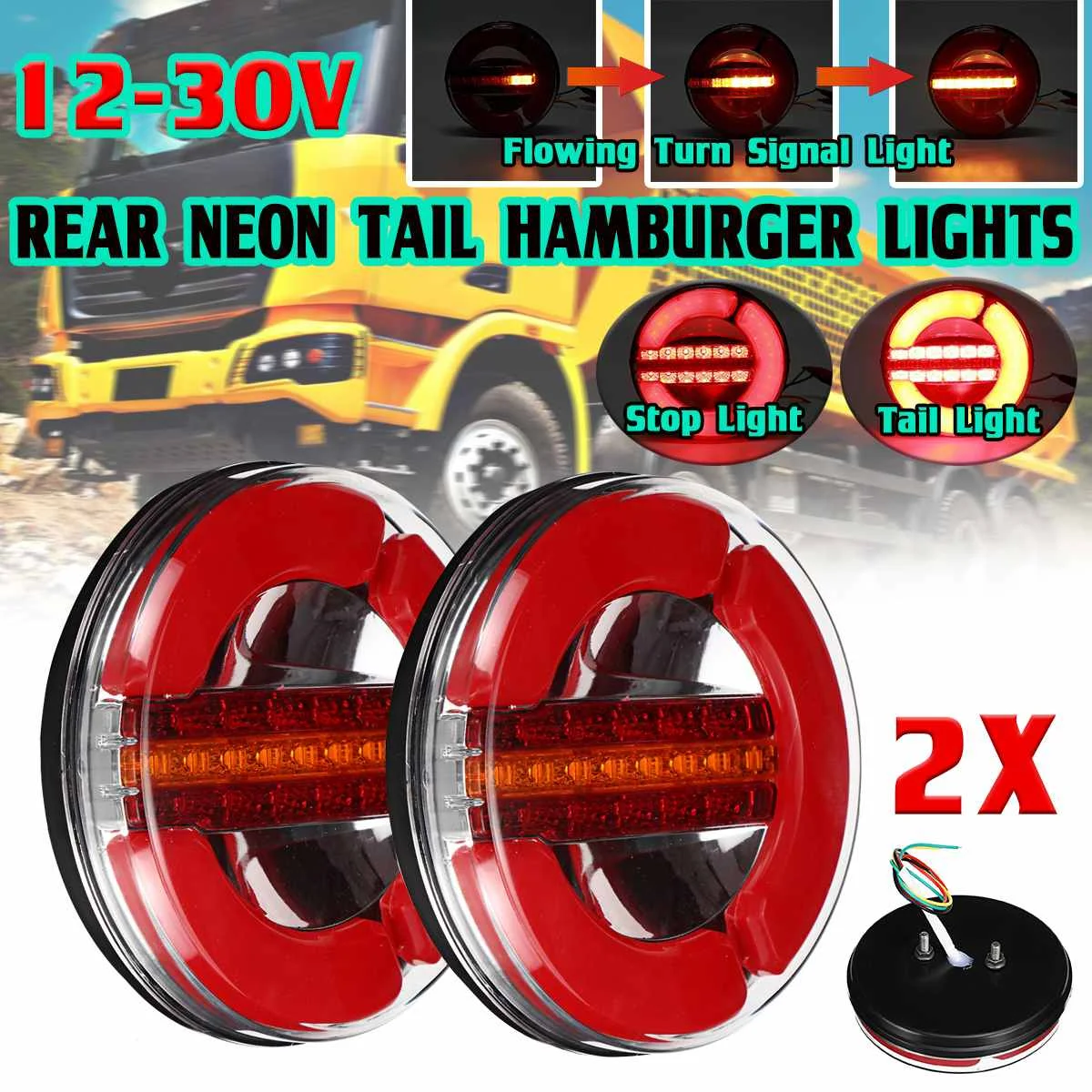 

2x LED 12-24V Truck Taillight For Car Trailer Lorry RV Bus 4in1 Dynamic Tail Trun Signal Reverse Lamp Rear Brake Stop Light