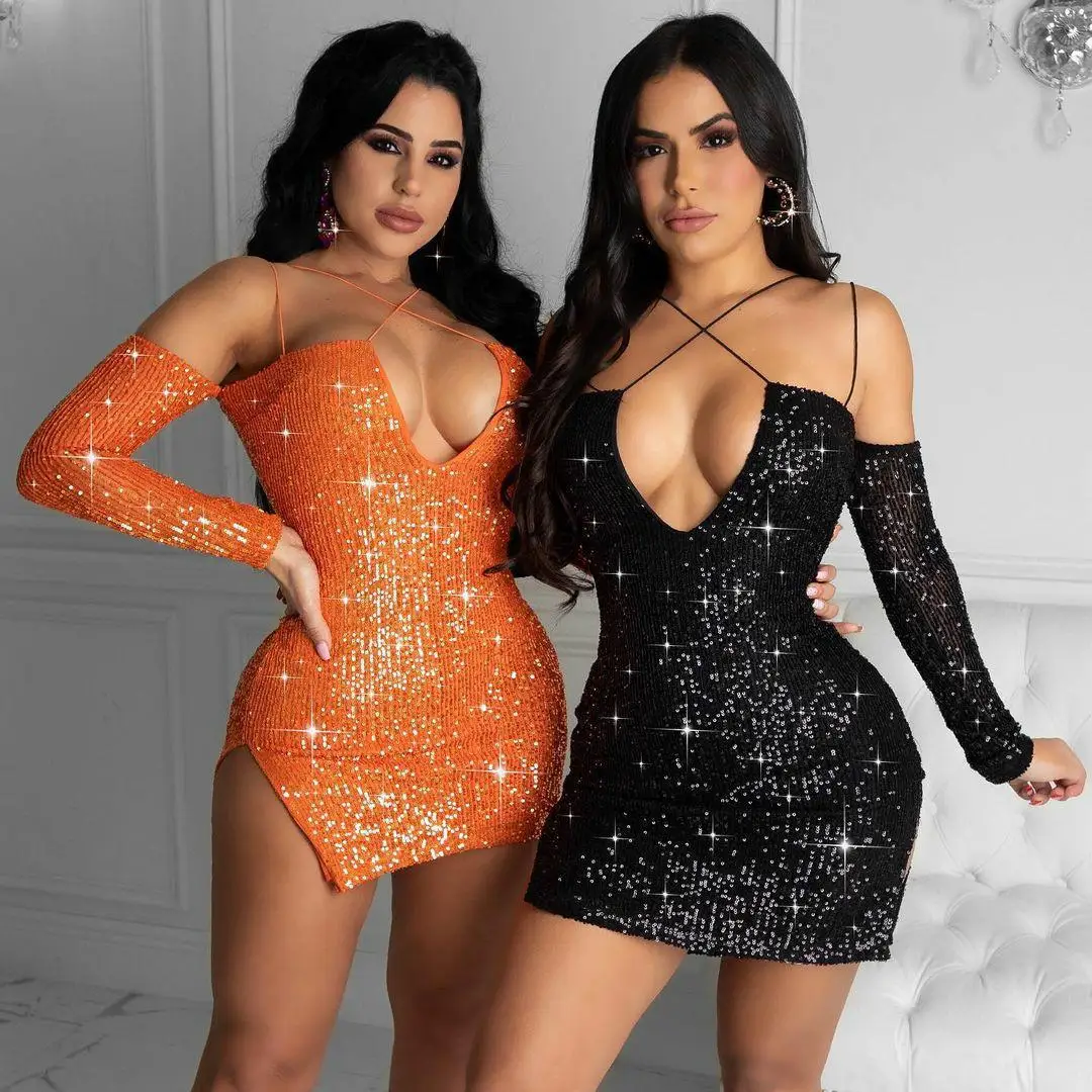 Solid Color Sexy Sling Deep V-Neck Long Sleeve Sequin Split Mini Dress for Women 2021 Spring Autumn Nightclub Clothes
Solid Color Sexy Sling Deep V-Neck Long Sleeve Sequin Split Mini Dress for Women 2021 Spring Autumn Nightclub Clothes