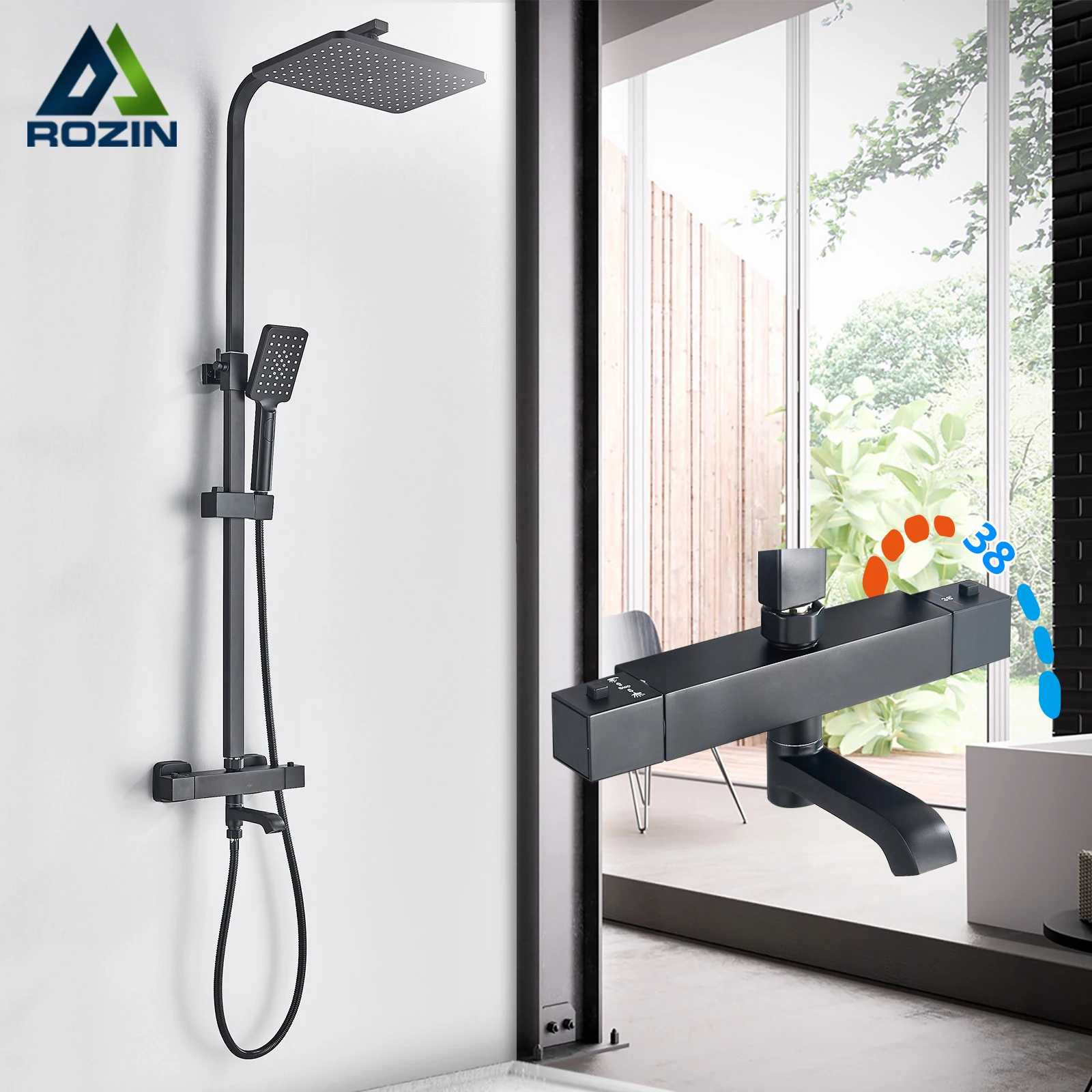 

Rozin Matte Black Shower Faucets Thermostatic Bathroom Mixers Brass Rainfall Shower Set with Swivel Tub Spout for Bathroom Taps