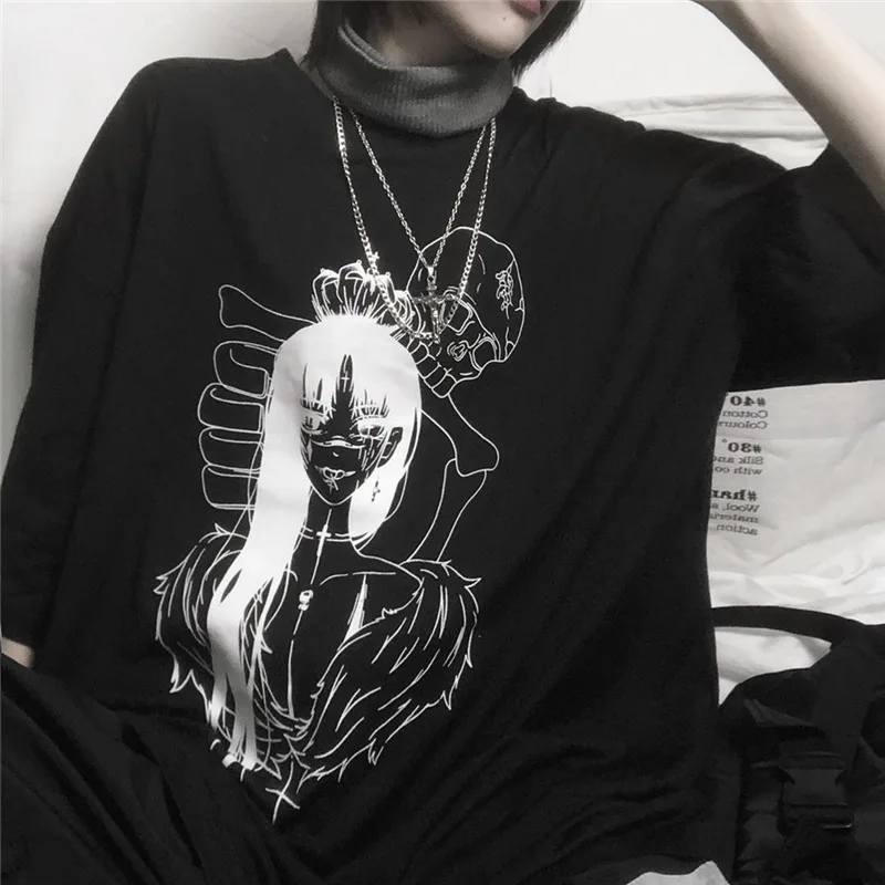 Женская футболка с коротким рукавом Goth, черная Свободная Повседневная футболка с принтом аниме и черепа, топы в стиле Харадзюку, на лето
Женская футболка с коротким рукавом Goth, черная Свободная Повседневная футболка с принтом аниме и черепа, топы в стиле Харадзюку, на лето