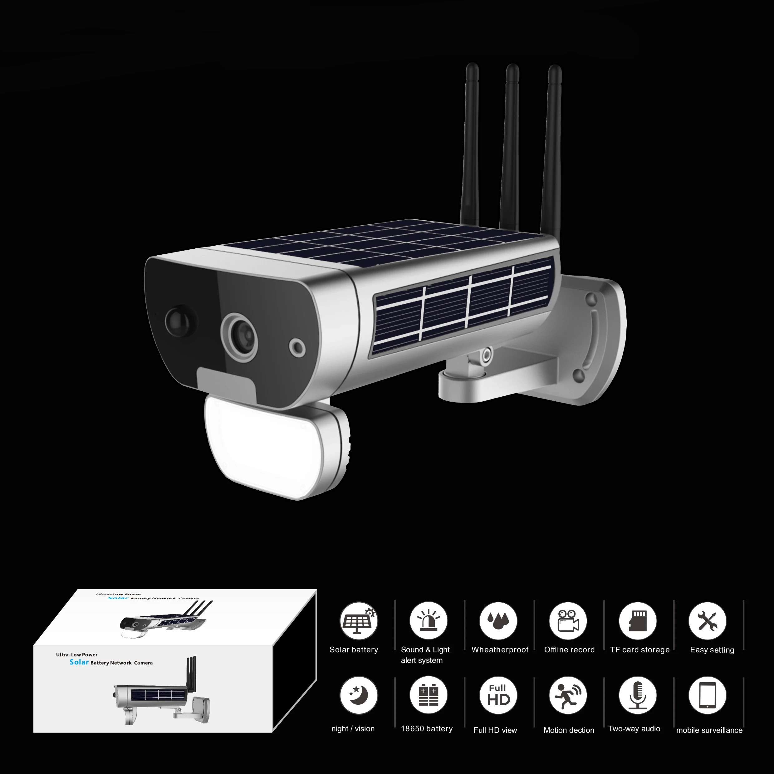 Ultra Low Power Sound Light Alarm Network Camera Solar Battery HD 1080P Camera Surveillance Video Recording Monitor Night Vision
Ultra Low Power Sound Light Alarm Network Camera Solar Battery HD 1080P Camera Surveillance Video Recording Monitor Night Vision