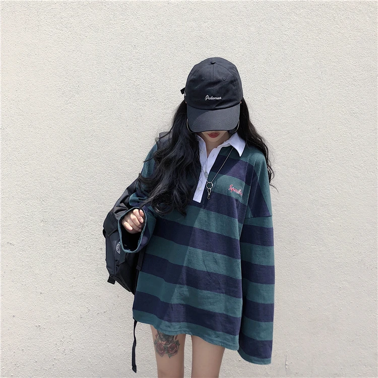 autumn Korean ins harajuku striped turn-down collar long sleeve t-shirts loose casual tees hipster bf streetwear ladies tops new
autumn Korean ins harajuku striped turn-down collar long sleeve t-shirts loose casual tees hipster bf streetwear ladies tops new