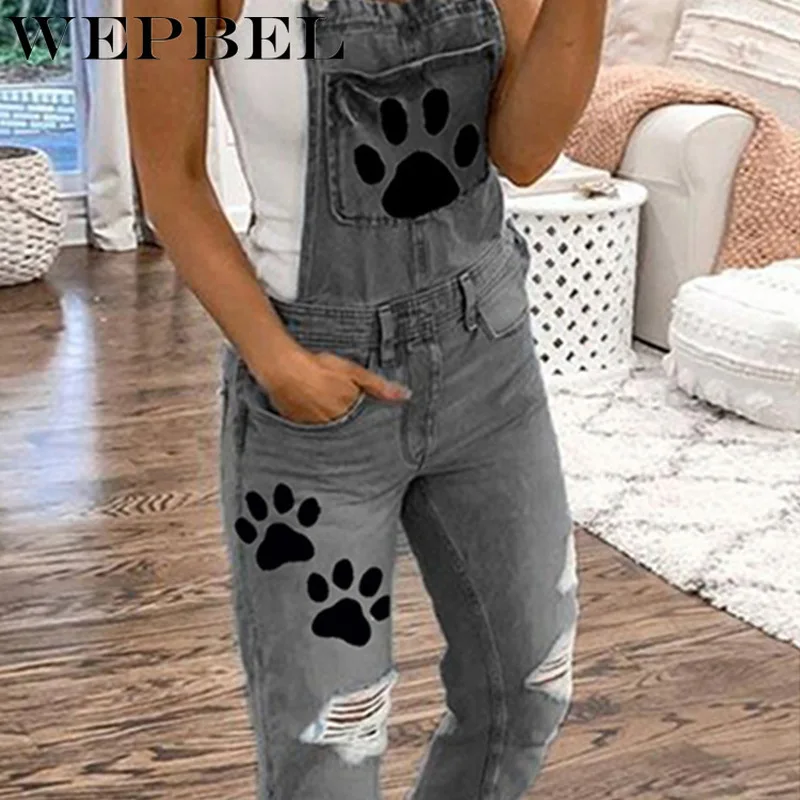 WEPBEL Womens Dog Footprints Printed Denim Overalls Jumpsuit Washed Ripped Broken Hole Jeans Long Skinny Jeans Romper Bib Pants
WEPBEL Womens Dog Footprints Printed Denim Overalls Jumpsuit Washed Ripped Broken Hole Jeans Long Skinny Jeans Romper Bib Pants