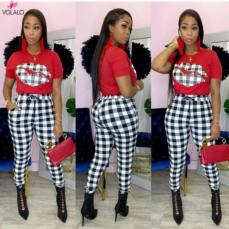 Cute Plaid Print Women Set Short Sleeve Tee Tops and Skinny Pencil Pant Suit 2 Pieces Outfits
Cute Plaid Print Women Set Short Sleeve Tee Tops and Skinny Pencil Pant Suit 2 Pieces Outfits