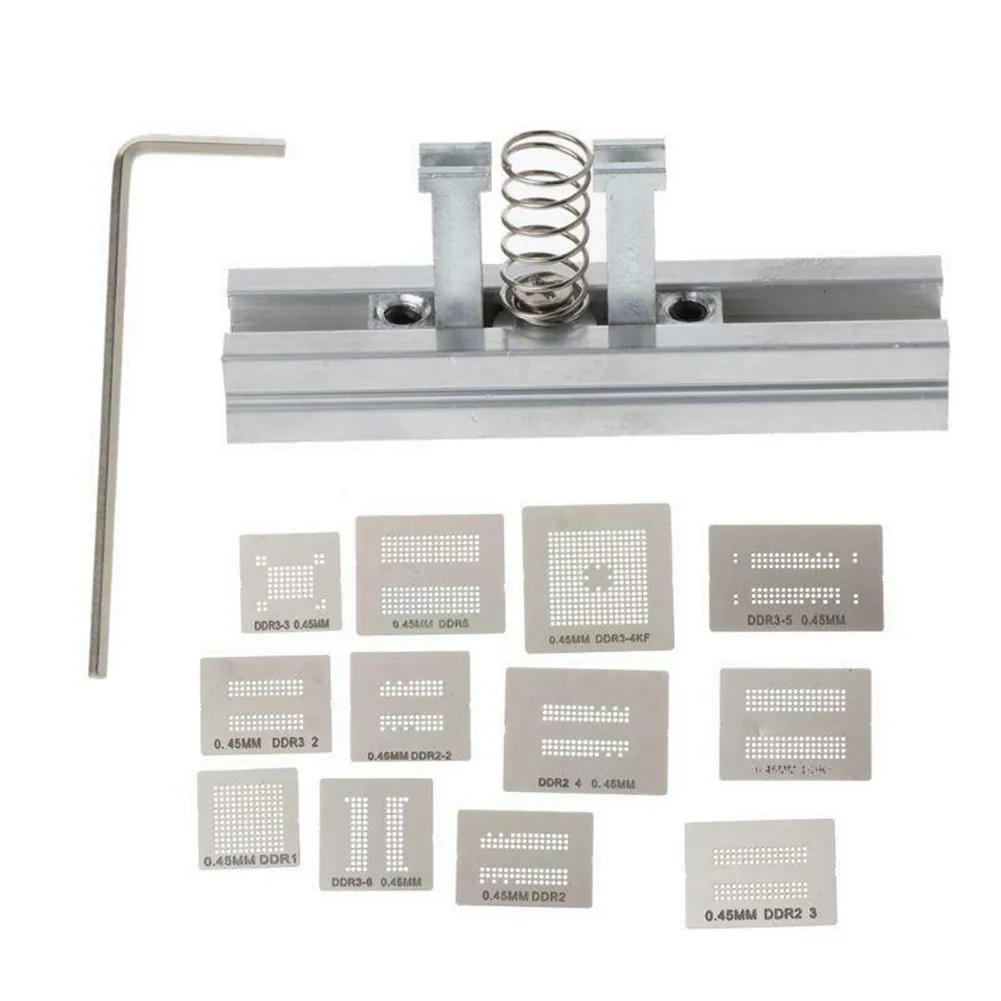 13pcs Universal Stencil Template BGA Reballing Holder Jig For DDR1 DDR2 DDR3 Pressure Welding Bracket Fixture Welding Tool
13pcs Universal Stencil Template BGA Reballing Holder Jig For DDR1 DDR2 DDR3 Pressure Welding Bracket Fixture Welding Tool