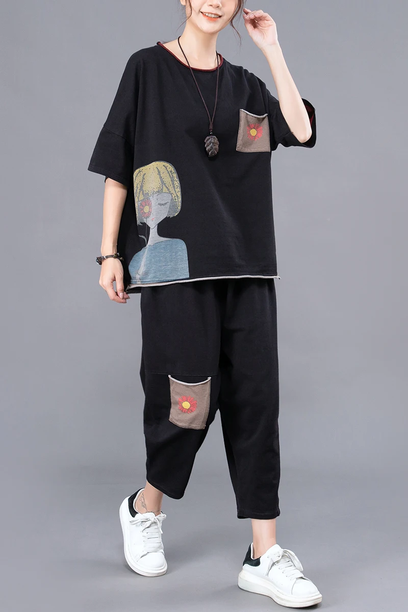 Summer 2021 New Large Size Two Piece Set Foreign Style Cartoon Printing Short Sleeve Slim Fashion Casual Suit Female Outfits
Summer 2021 New Large Size Two Piece Set Foreign Style Cartoon Printing Short Sleeve Slim Fashion Casual Suit Female Outfits