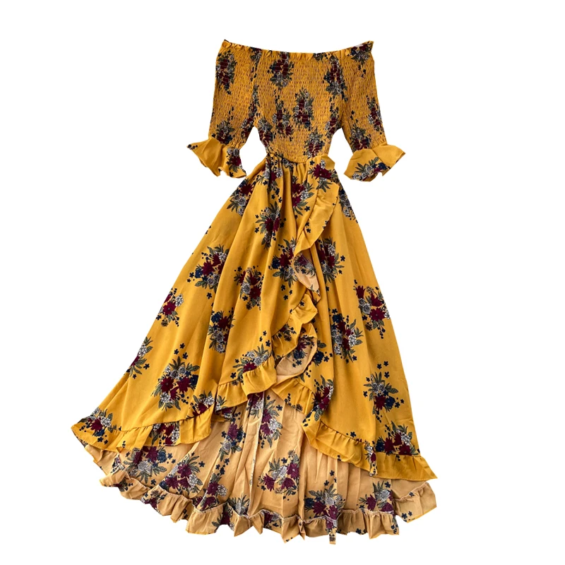 2021 Summer Sandy beach Holiday Style Floral Long Dress Multicolor lady Slash Neck High Waist Was Thin Irregular Ruffled Dress
2021 Summer Sandy beach Holiday Style Floral Long Dress Multicolor lady Slash Neck High Waist Was Thin Irregular Ruffled Dress