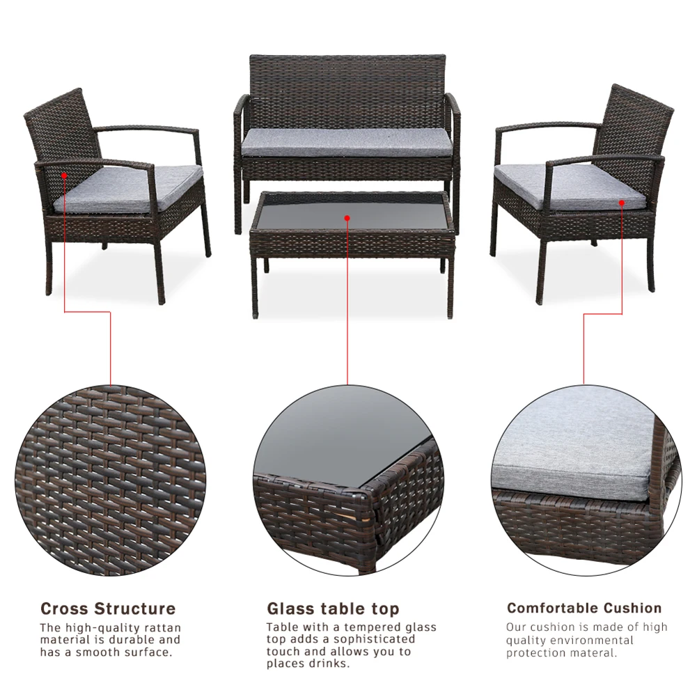 4 PCS Outdoor Patio Rattan Wicker Furniture Set with Table Sofa Cushioned Light Grey 1 Loveseat Chair+2 Single Chair+1 Table
4 PCS Outdoor Patio Rattan Wicker Furniture Set with Table Sofa Cushioned Light Grey 1 Loveseat Chair+2 Single Chair+1 Table