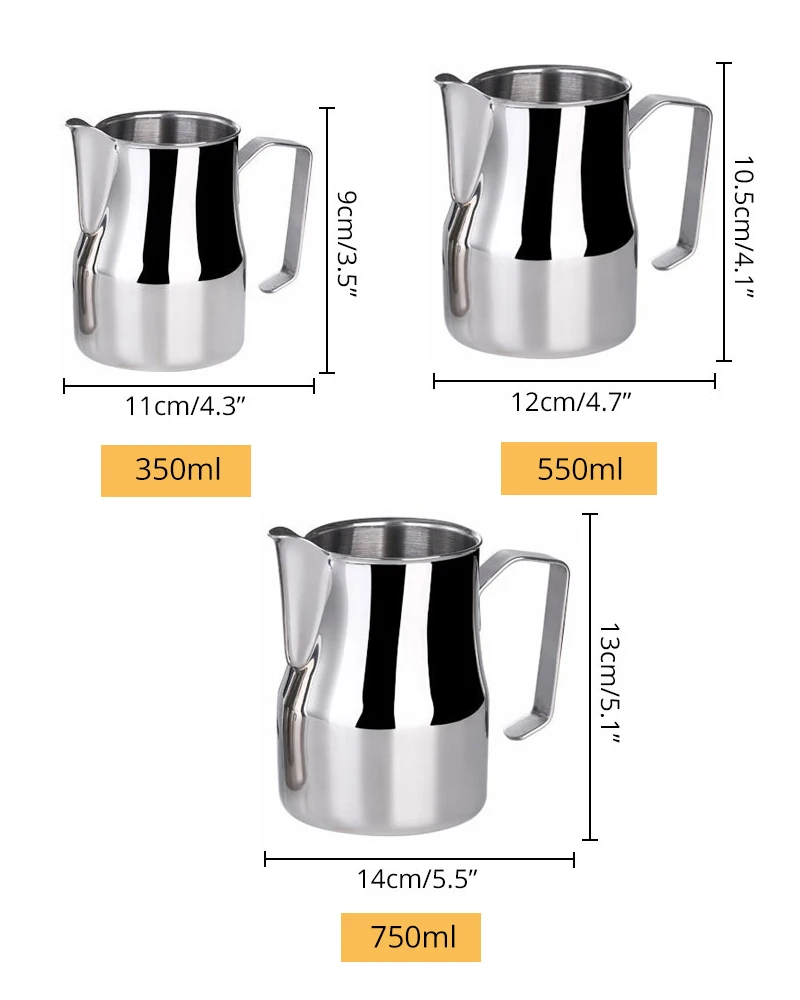 Milk Frothing Pitcher, Stainless Steel Professional Milk Jugs with Rounded Spout, 350/550/750ml
Milk Frothing Pitcher, Stainless Steel Professional Milk Jugs with Rounded Spout, 350/550/750ml