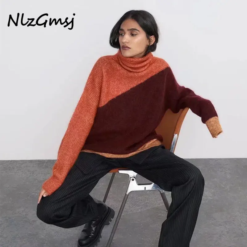 

Женский винтажный свитер-водолазка Nlzgmsj Za 2021, женские пуловеры, джемперы с соединением на осень и зиму, женские вязаные топы, 202110