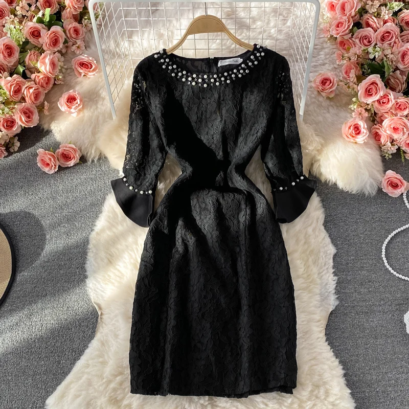 Women Light Luxury Bead Neck Lace Dress Fashion Ladies Trumpet Sleeve Dress Gentle Celebrity A-line Dresses
Women Light Luxury Bead Neck Lace Dress Fashion Ladies Trumpet Sleeve Dress Gentle Celebrity A-line Dresses
